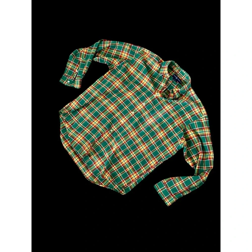 Ralph Lauren XXL Blake Long Sleeve Button Up‎ Plaid Green Orange 100% Cotton
